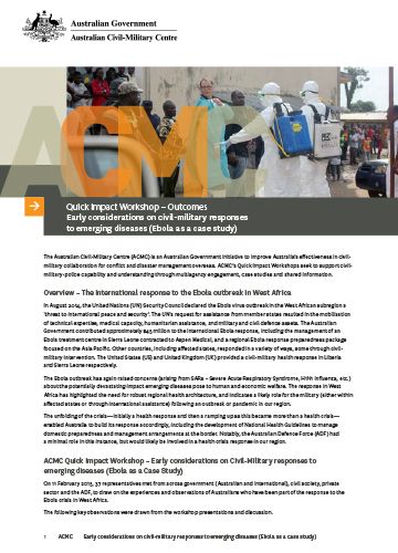 Quick Impact Workshop – Outcomes Early considerations on civil-military responses to emerging diseases (Ebola as a case study) cover image